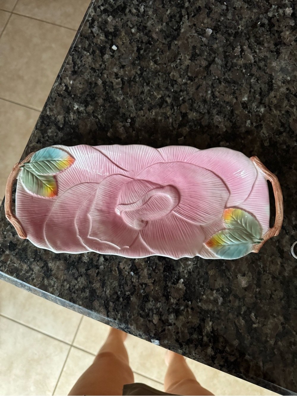 Pink Floral Ceramic Tray with Green Leaf Accents